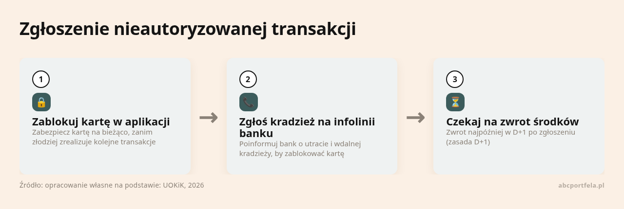 Kolejne kroki: Zablokuj kartę w aplikacji, Zgłoś kradzież na infolinii banku, Czekaj na zwrot środków